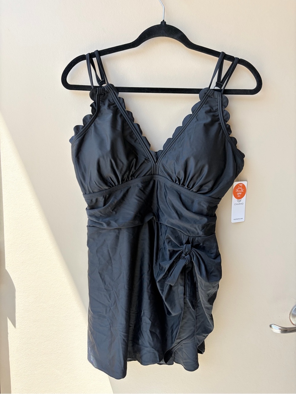 NWT CHARMO Women’s Black Scalloped Wrap Swim Dress One Piece UPF 50+